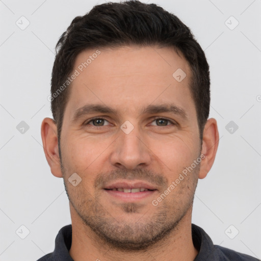 Joyful white young-adult male with short  brown hair and brown eyes