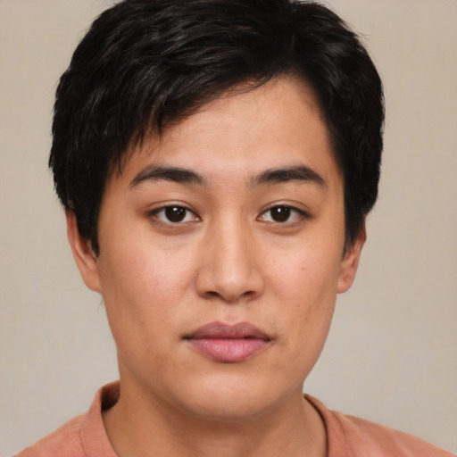 Neutral white young-adult female with short  brown hair and brown eyes