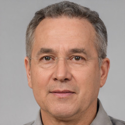 Neutral white middle-aged male with short  brown hair and brown eyes