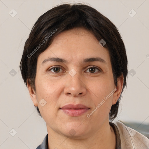 Joyful white adult female with short  brown hair and brown eyes