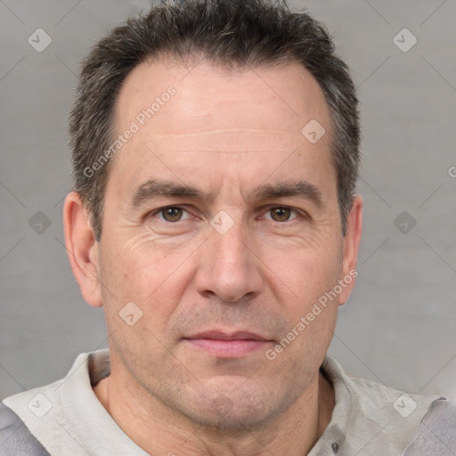 Neutral white adult male with short  brown hair and brown eyes