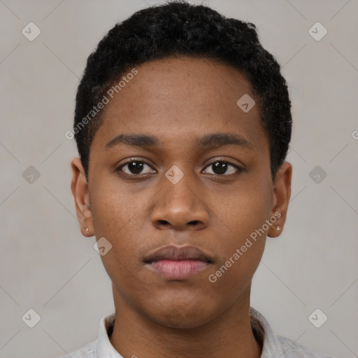 Neutral black young-adult male with short  black hair and brown eyes