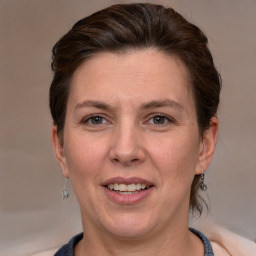 Joyful white adult female with medium  brown hair and grey eyes