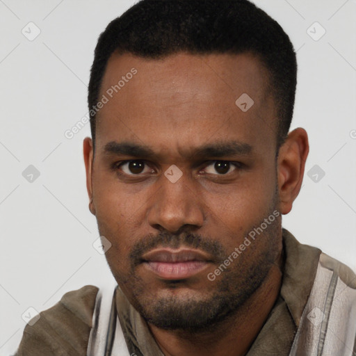 Neutral black young-adult male with short  black hair and brown eyes