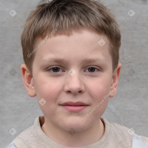 Joyful white child male with short  brown hair and grey eyes