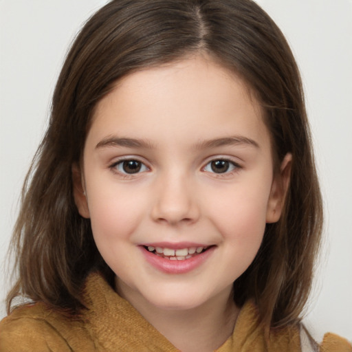 Joyful white child female with medium  brown hair and brown eyes