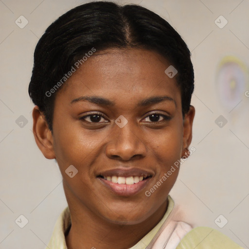 Joyful latino young-adult female with short  black hair and brown eyes