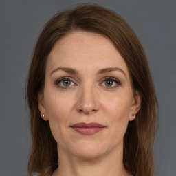 Joyful white adult female with medium  brown hair and grey eyes