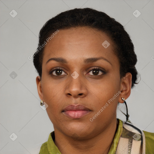 Neutral black young-adult female with short  black hair and brown eyes