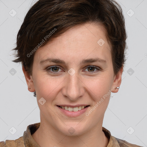 Joyful white young-adult female with short  brown hair and grey eyes