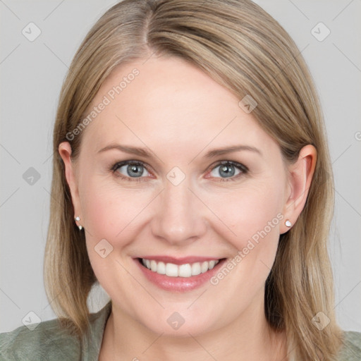 Joyful white young-adult female with medium  brown hair and blue eyes