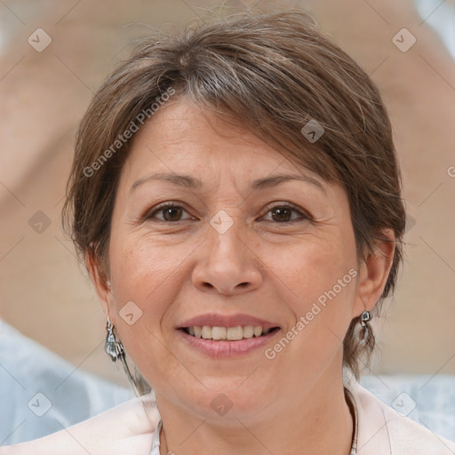 Joyful white adult female with medium  brown hair and brown eyes