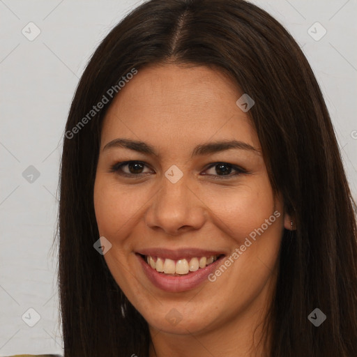 Joyful asian young-adult female with long  brown hair and brown eyes