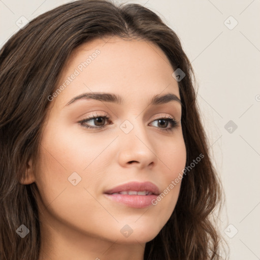 Neutral white young-adult female with long  brown hair and brown eyes