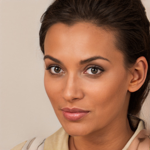 Neutral white young-adult female with long  brown hair and brown eyes