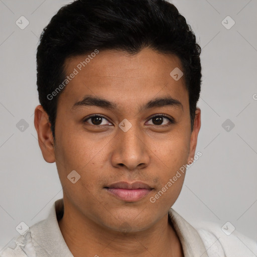 Neutral latino young-adult male with short  black hair and brown eyes