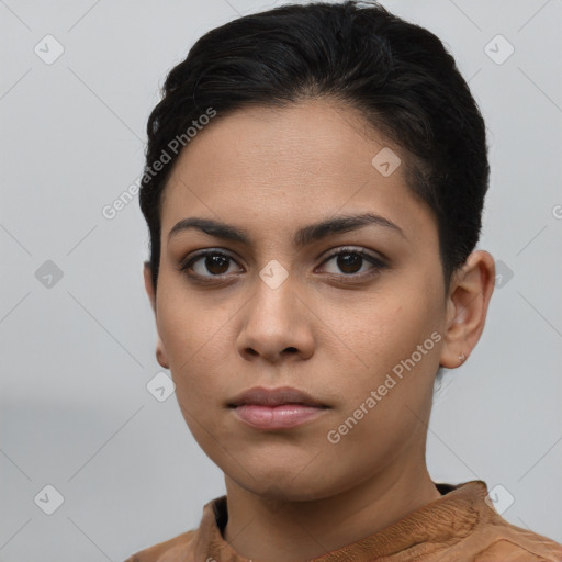 Neutral latino young-adult female with short  brown hair and brown eyes