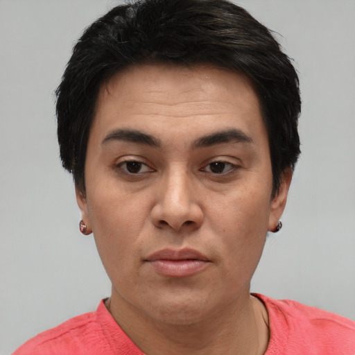 Neutral white young-adult male with short  black hair and brown eyes