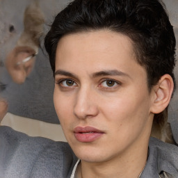 Neutral white young-adult female with short  brown hair and brown eyes