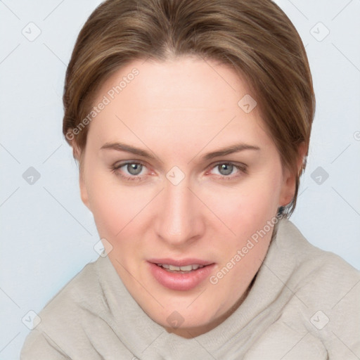 Joyful white young-adult female with medium  brown hair and blue eyes