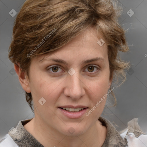 Joyful white adult female with medium  brown hair and grey eyes