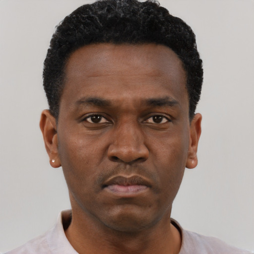 Neutral black young-adult male with short  black hair and brown eyes