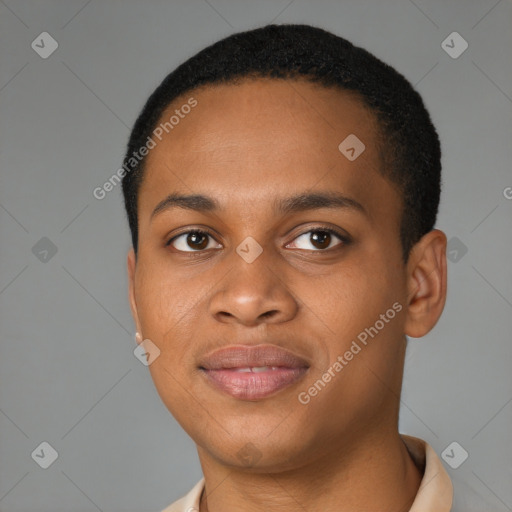 Joyful black young-adult male with short  brown hair and brown eyes