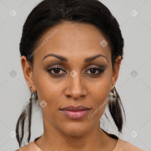 Joyful black young-adult female with short  brown hair and brown eyes