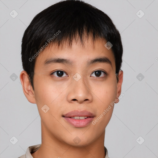 Joyful asian young-adult male with short  brown hair and brown eyes