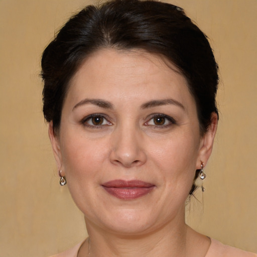 Joyful white adult female with medium  brown hair and brown eyes