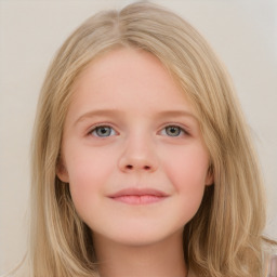 Joyful white child female with medium  brown hair and grey eyes