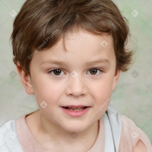 Joyful white child female with short  brown hair and brown eyes