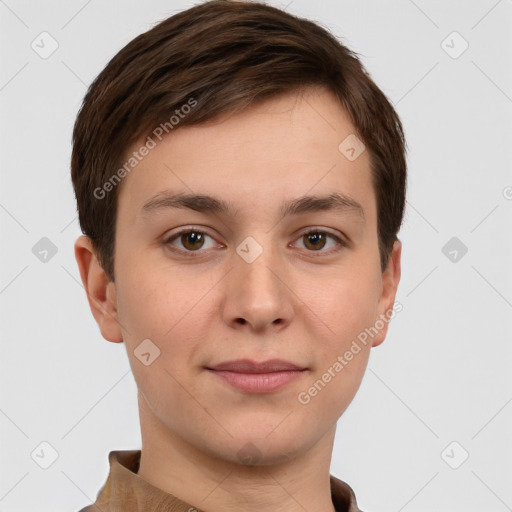 Joyful white young-adult female with short  brown hair and brown eyes