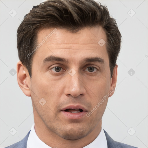 Neutral white adult male with short  brown hair and brown eyes