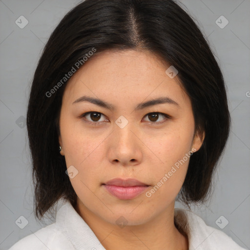 Neutral asian young-adult female with medium  brown hair and brown eyes