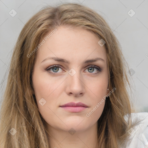 Neutral white young-adult female with long  brown hair and brown eyes