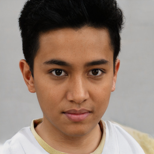 Neutral latino young-adult male with short  brown hair and brown eyes