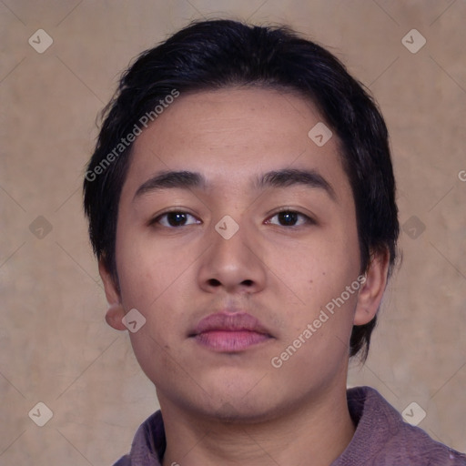 Neutral asian young-adult male with short  brown hair and brown eyes