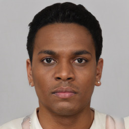 Neutral black young-adult male with short  black hair and brown eyes