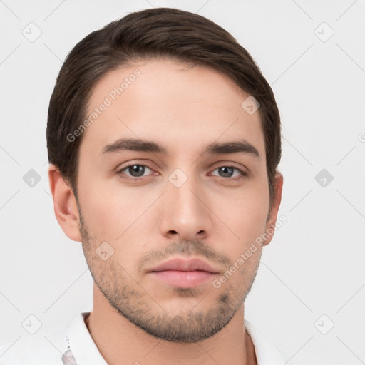 Neutral white young-adult male with short  brown hair and brown eyes