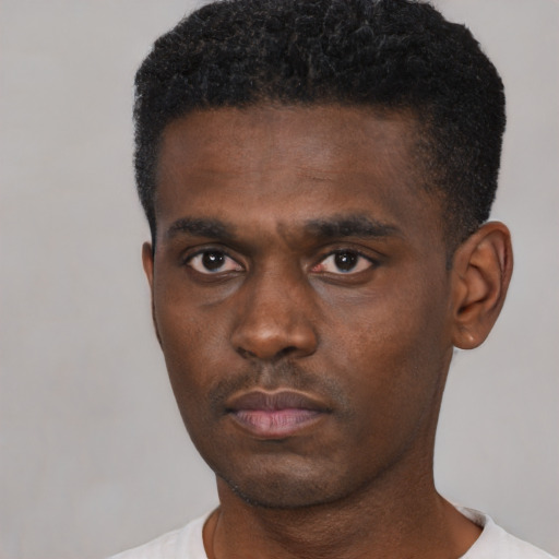 Neutral black young-adult male with short  black hair and brown eyes