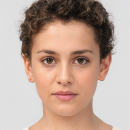 Neutral white young-adult female with short  brown hair and brown eyes