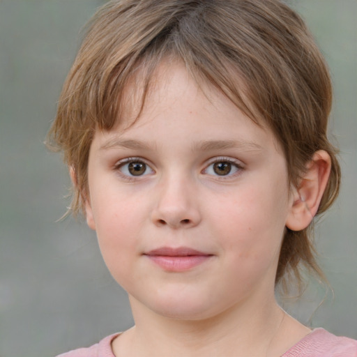 Neutral white child female with medium  brown hair and grey eyes