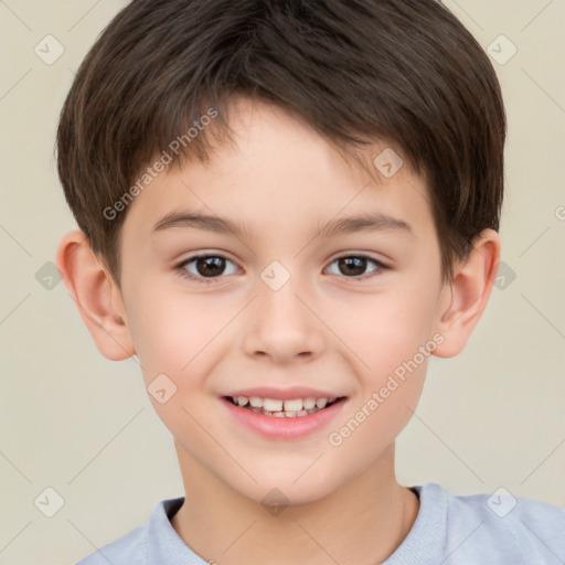 Joyful white child male with short  brown hair and brown eyes