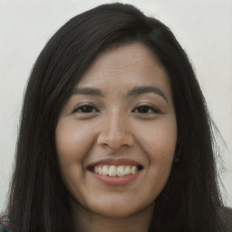 Joyful asian young-adult female with long  brown hair and brown eyes