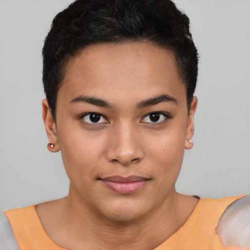 Joyful asian young-adult female with short  black hair and brown eyes