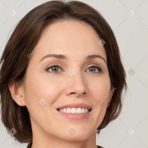 Joyful white young-adult female with medium  brown hair and green eyes