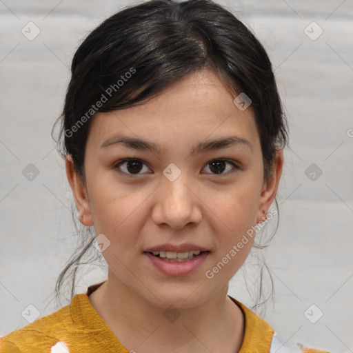 Joyful white child female with medium  brown hair and brown eyes