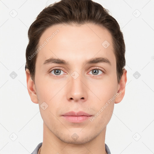 Neutral white young-adult male with short  brown hair and brown eyes