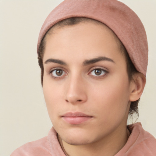 Neutral white young-adult female with short  brown hair and brown eyes